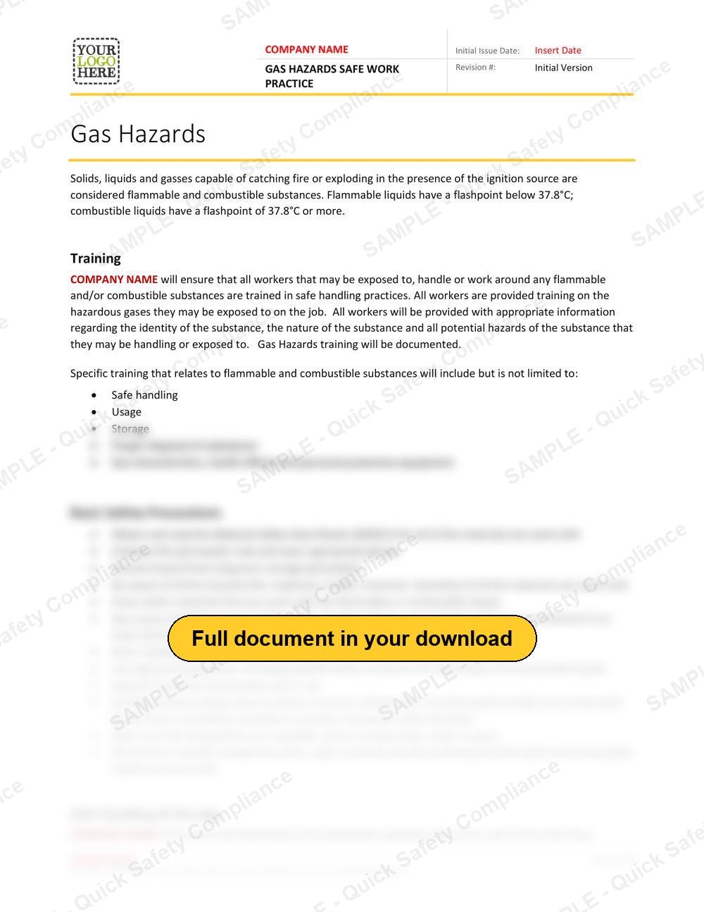 Top of page 1 of the Gas Hazards Safe Work Practice