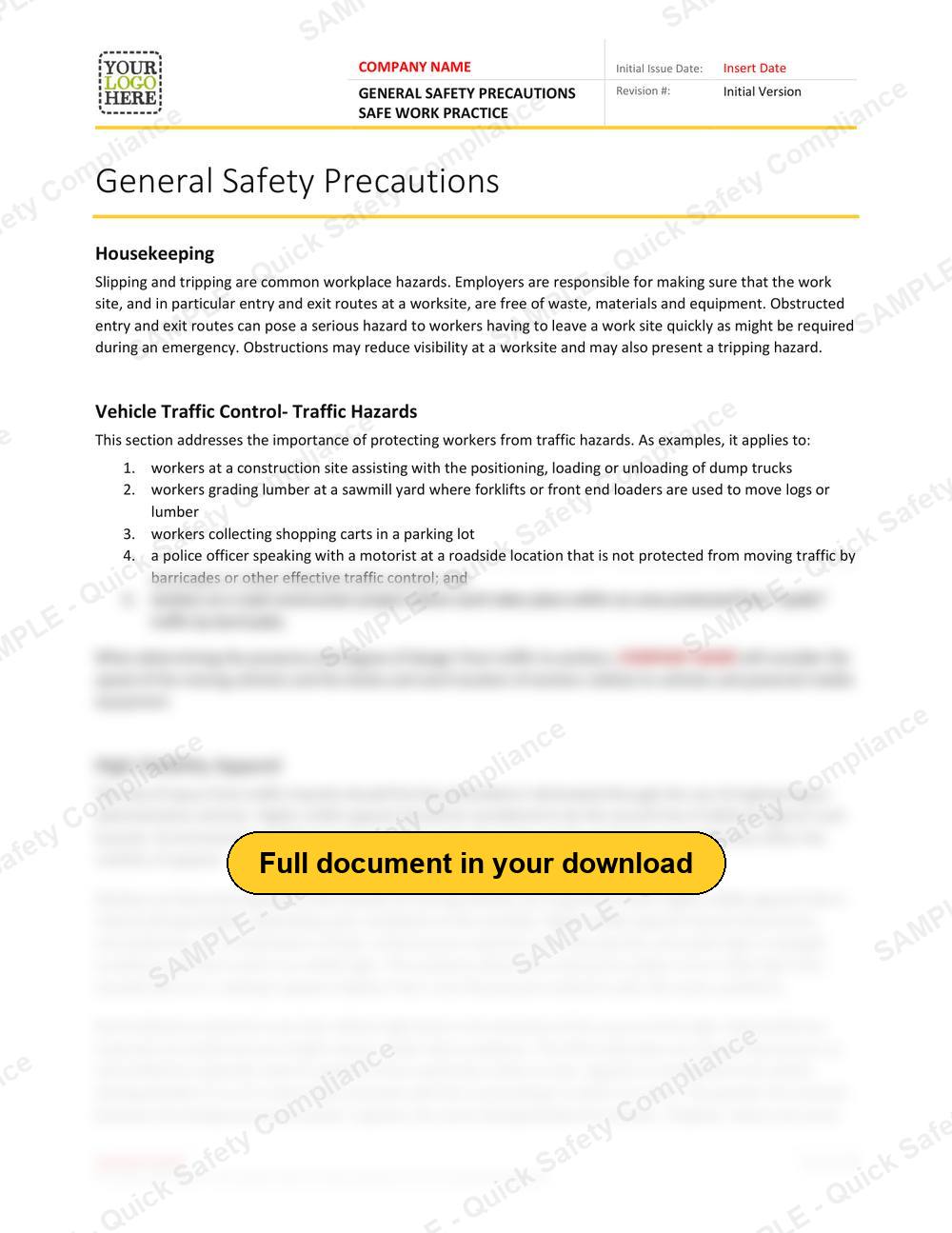 Top of page 1 of the General Safety Precautions Safe Work Practice