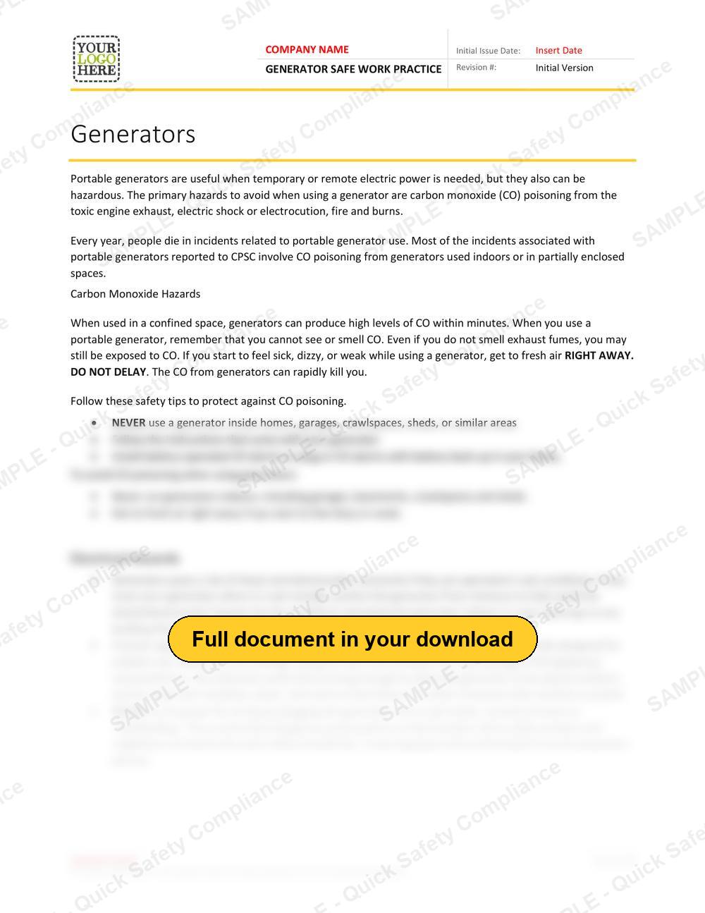 Top of page 1 of the Generator Safe Work Practice