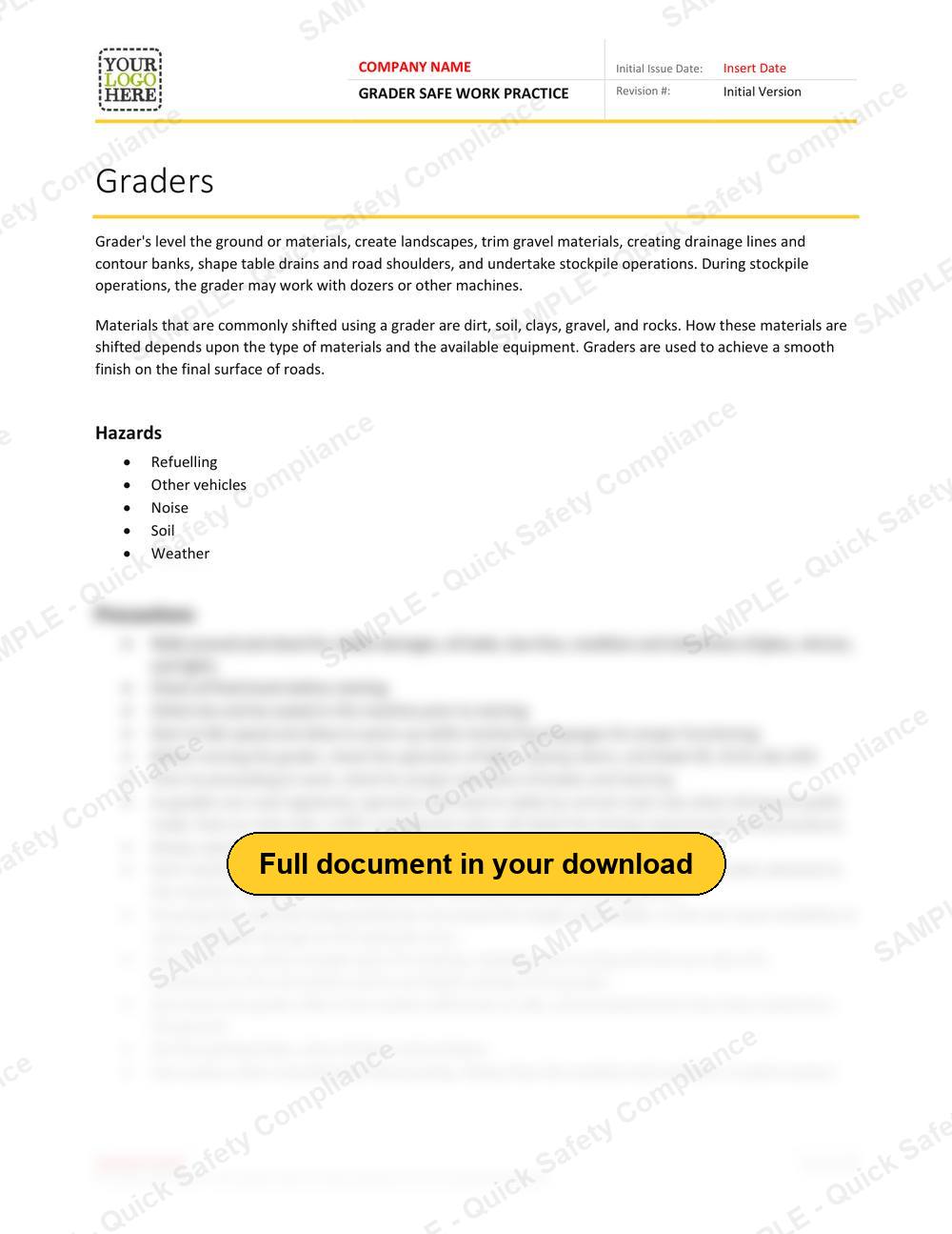 Top of page 1 of the Grader Safe Work Practice