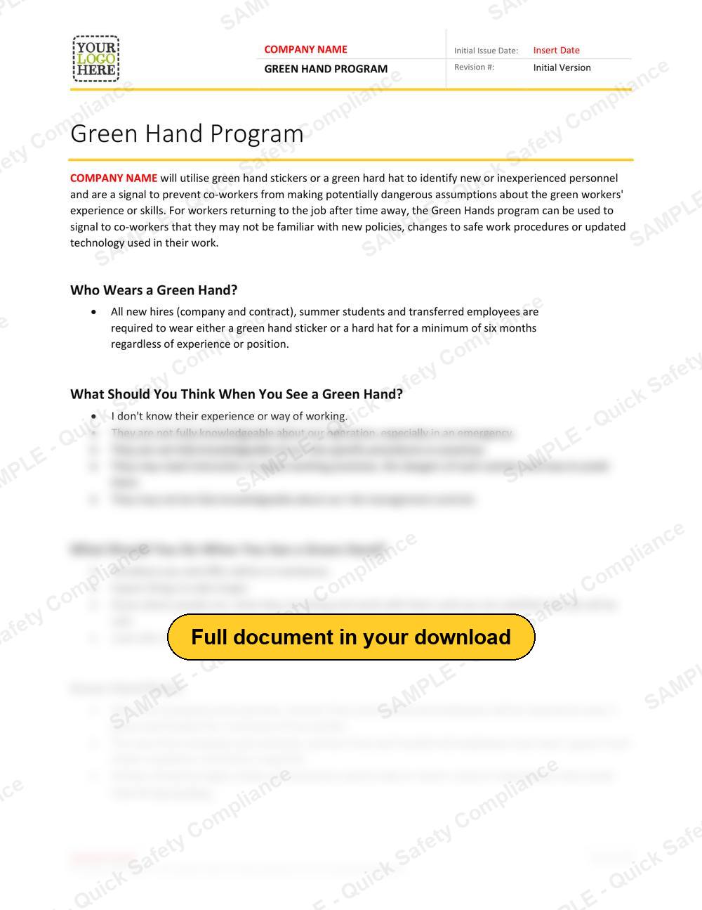 Top of page 1 of the Green Hand Program RAVS - Canada Industry Practice