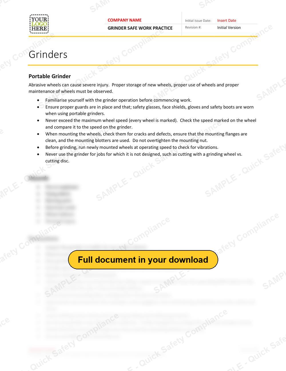 Top of page 1 of the Grinder Safe Work Practice