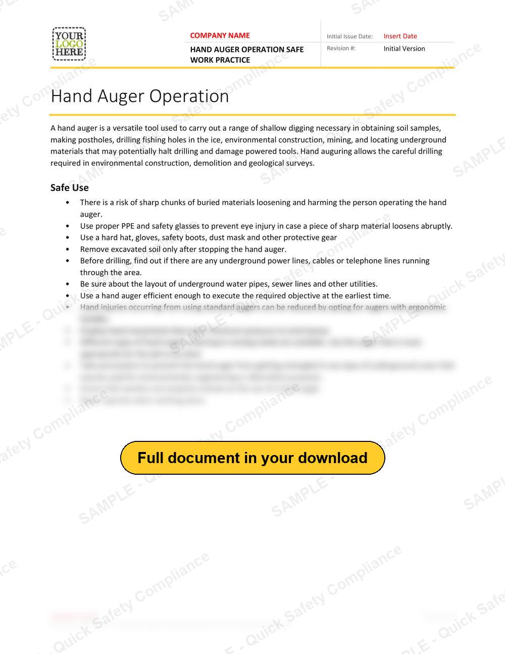 Top of page 1 of the Hand Auger Operation Safe Work Practice