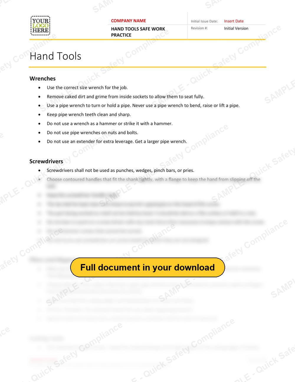 Top of page 1 of the Hand Tools Safe Work Practice