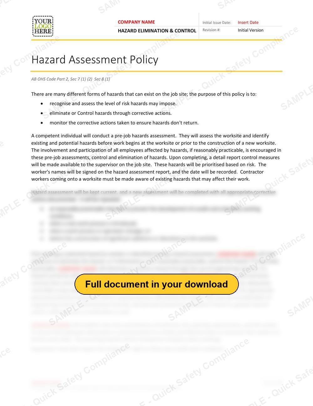 Top of page 1 of the Hazard Assessment Elimination & Control RAVS - Alberta