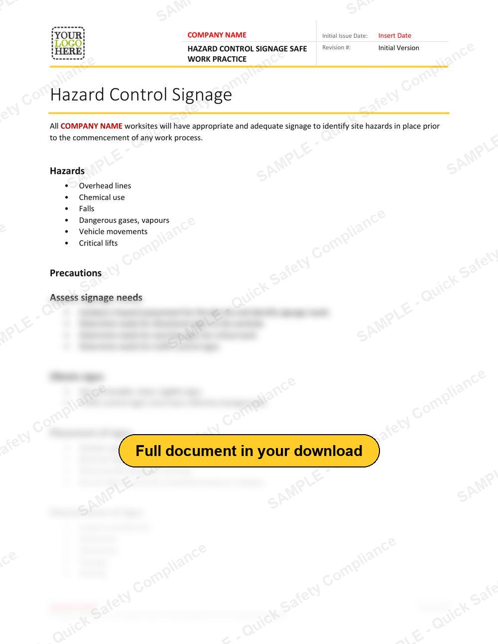 Top of page 1 of the Hazard Control Signage Safe Work Practice