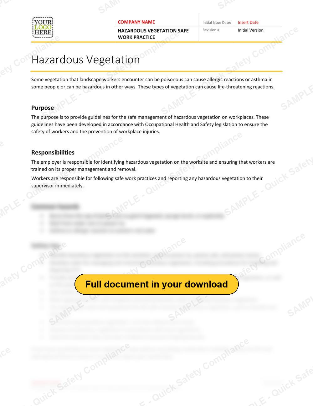 Top of page 1 of the Hazardous Vegetation Safe Work Practice