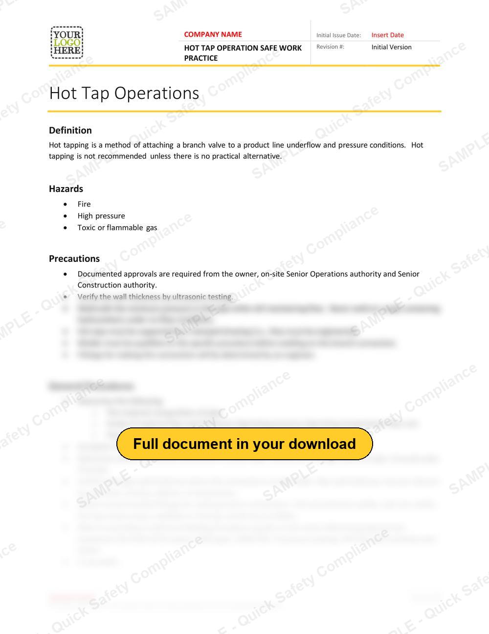 Top of page 1 of the Hot Tap Operation Safe Work Practice