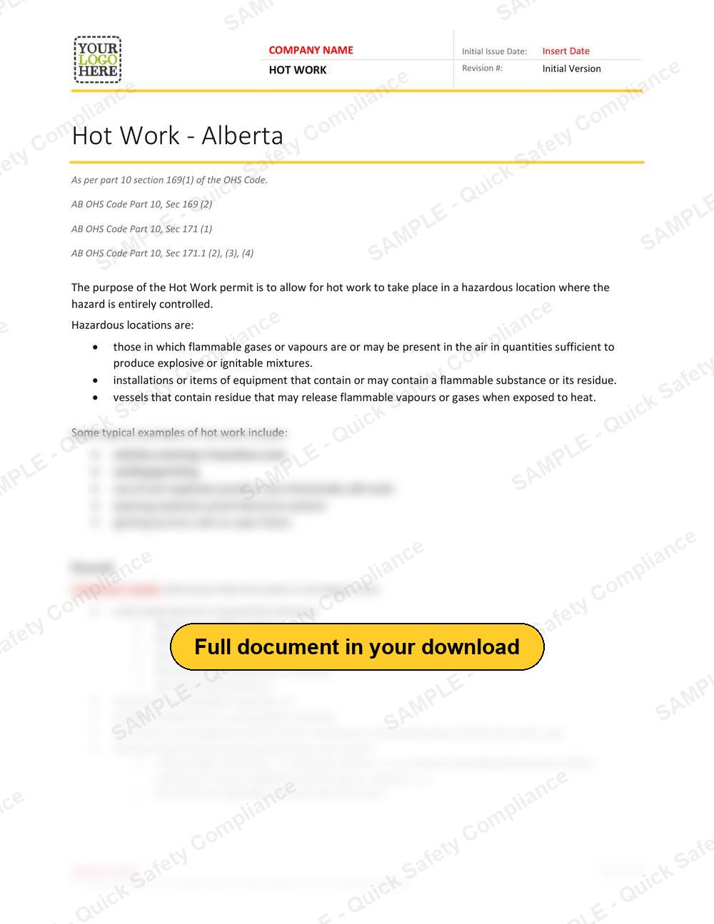 Top of page 1 of the Hot Work RAVS - Alberta