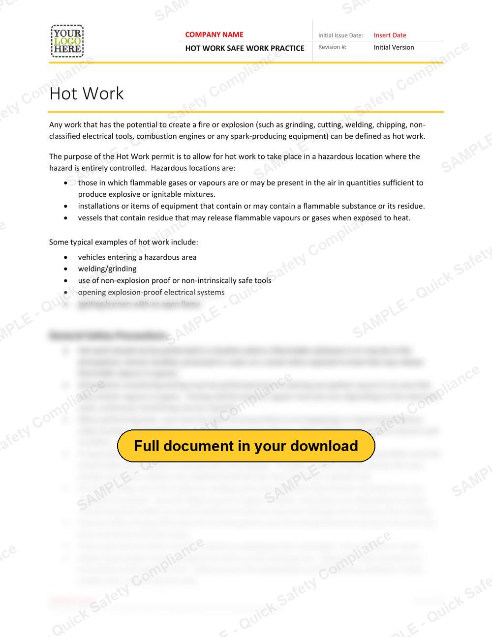 Top of page 1 of the Hot Work Safe Work Practice