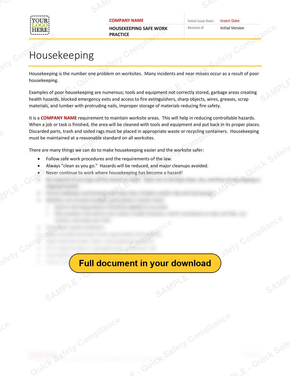 Top of page 1 of the Housekeeping Safe Work Practice