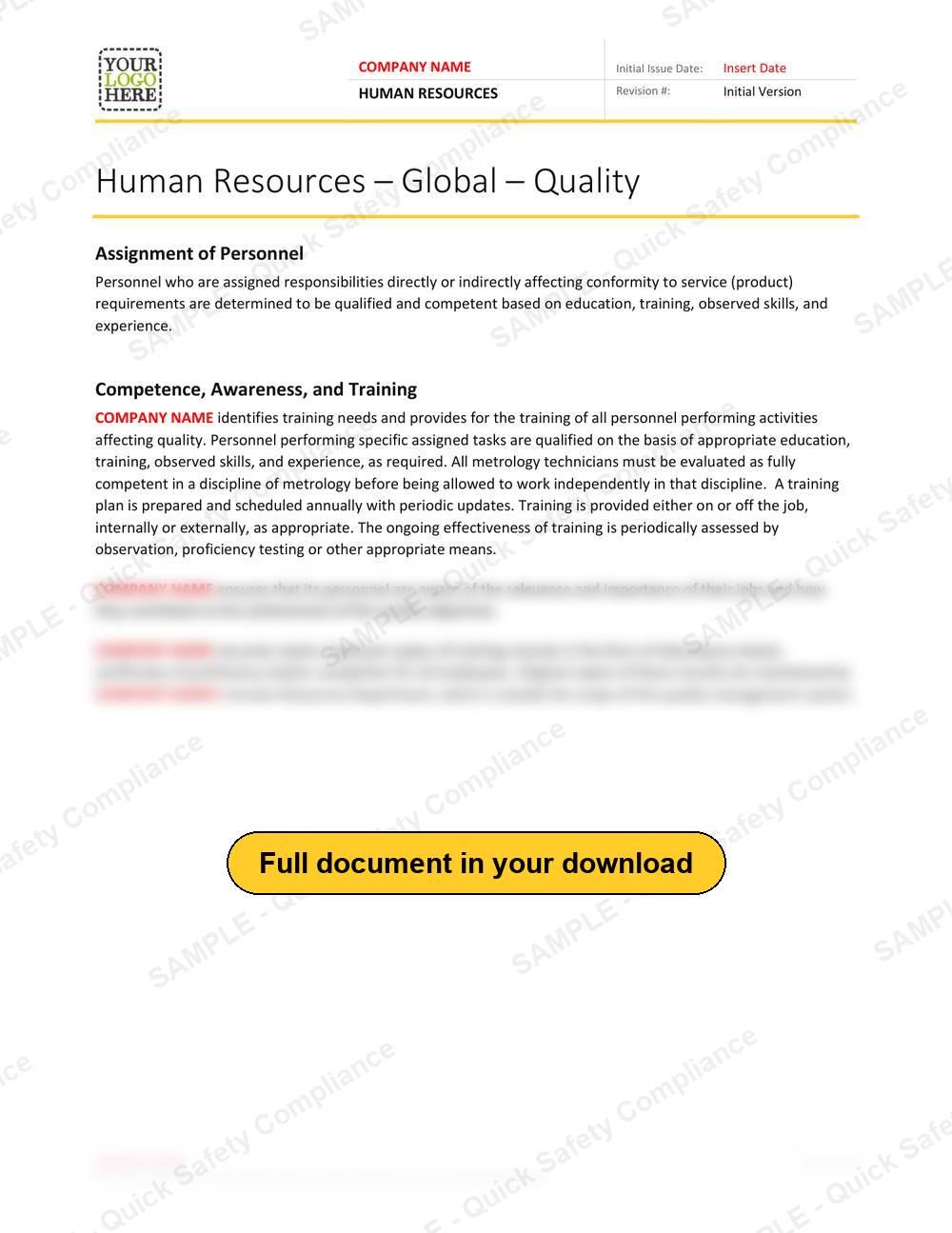 Top of page 1 of the Human Resources RAVS - Quality