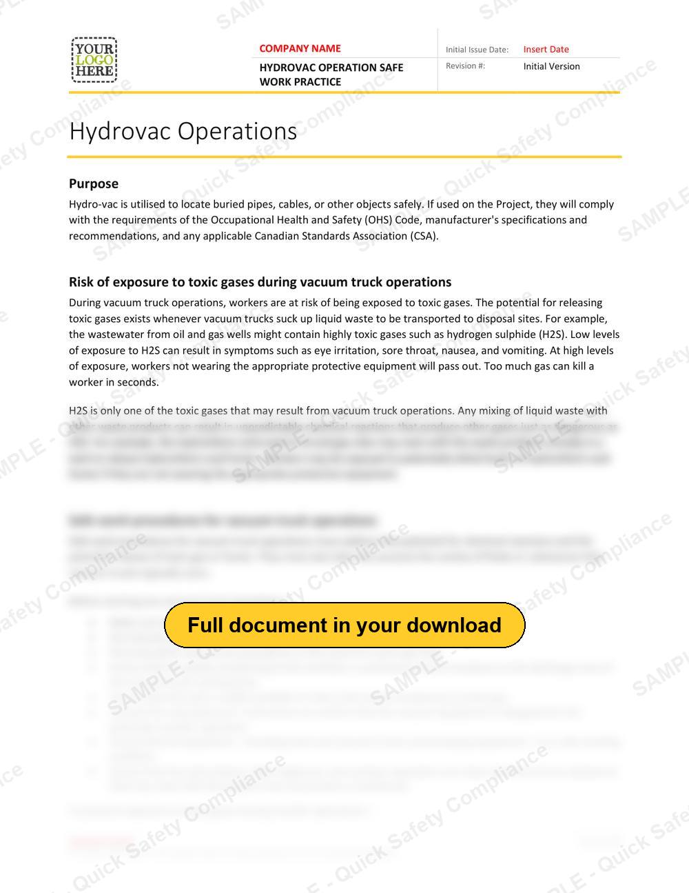 Top of page 1 of the Hydrovac Operation Safe Work Practice