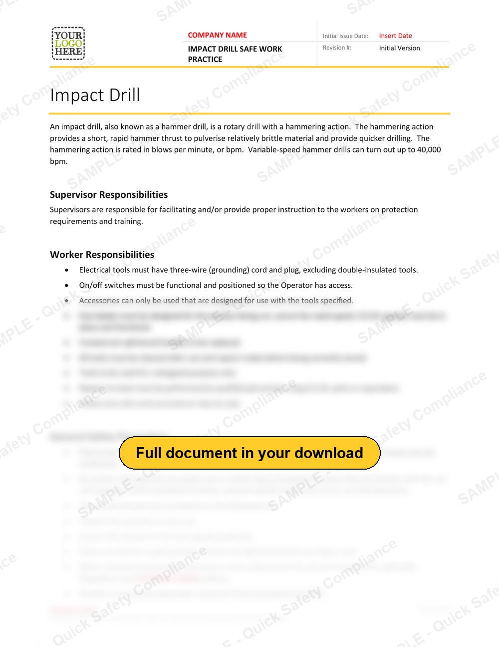 Top of page 1 of the Impact Drill Safe Work Practice