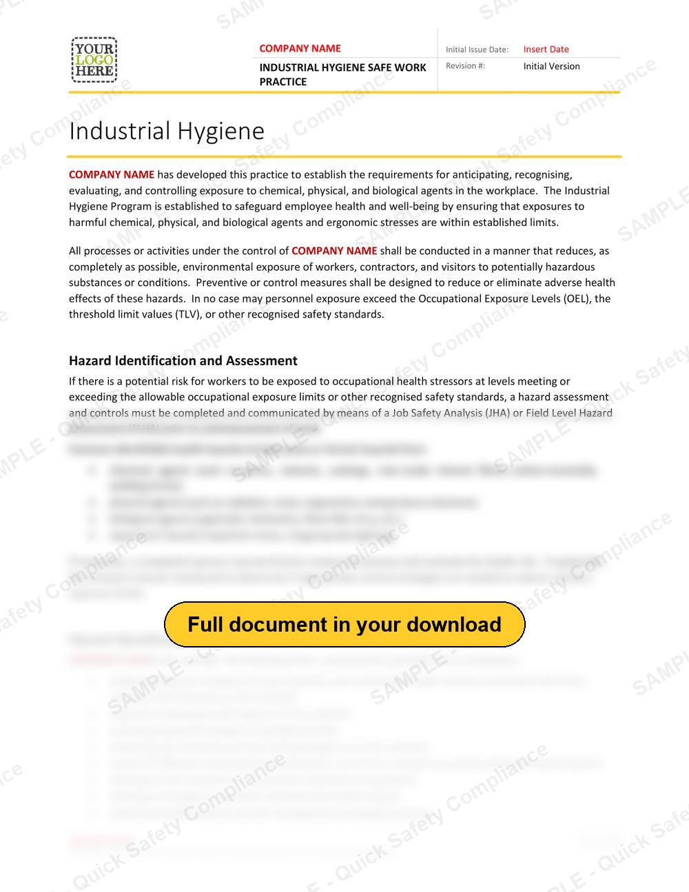 Top of page 1 of the Industrial Hygiene Safe Work Practice