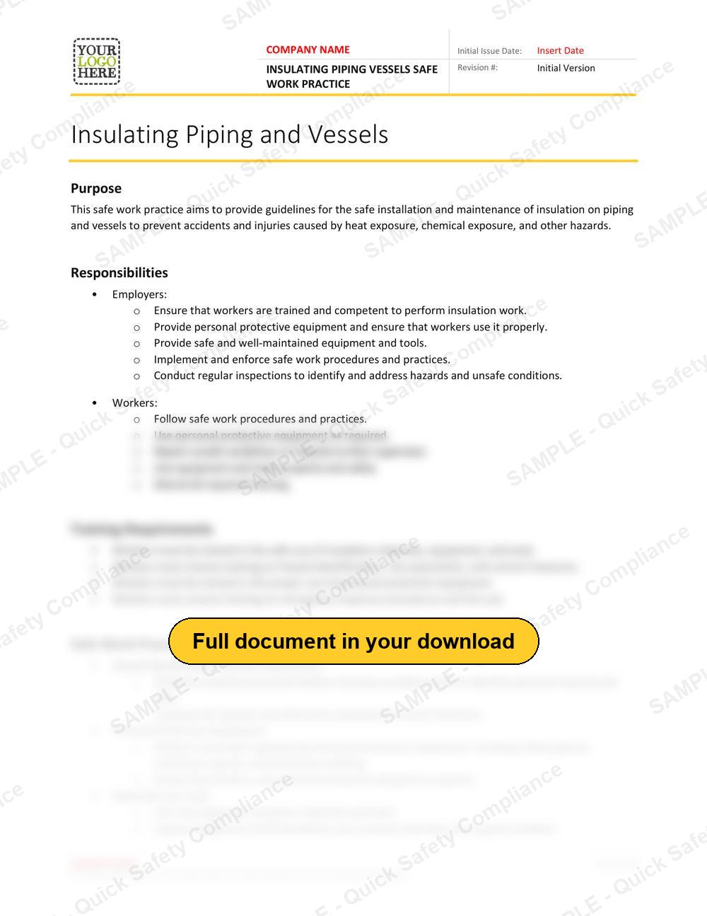 Top of page 1 of the Insulating Piping Vessels Safe Work Practice