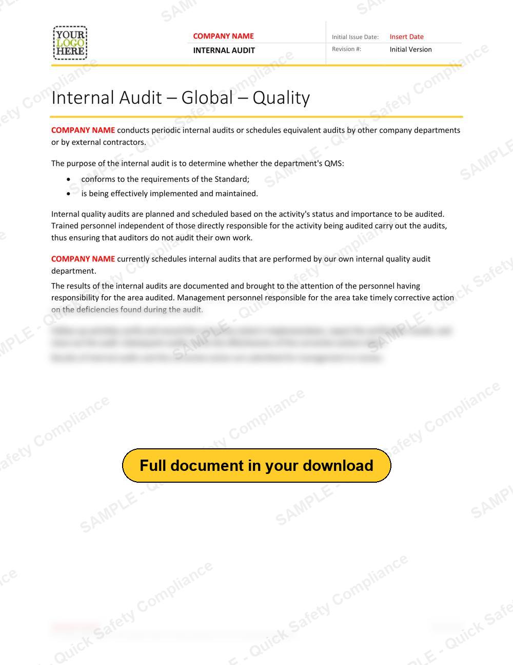 Top of page 1 of the Internal Audit RAVS - Quality