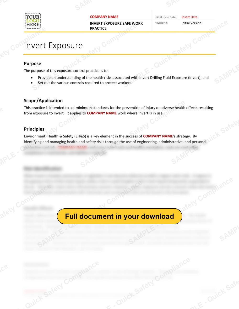 Top of page 1 of the Invert Exposure Safe Work Practice