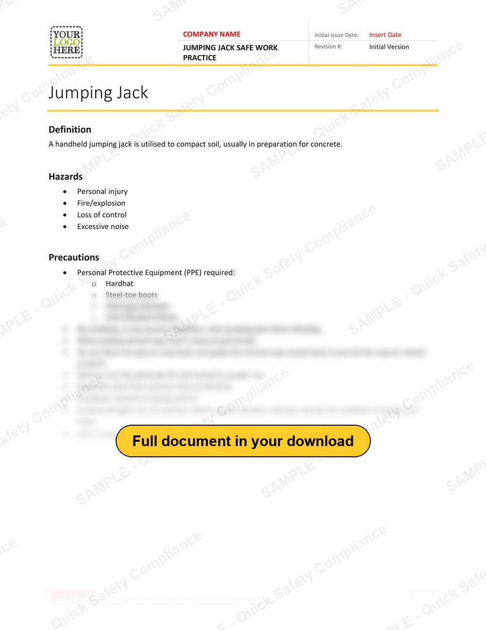 Top of page 1 of the Jumping Jack Safe Work Practice