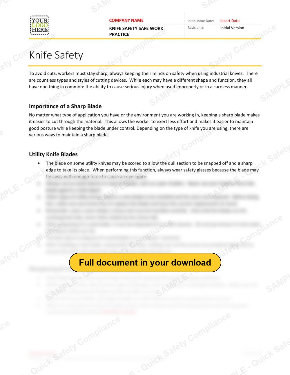 Top of page 1 of the Knife Safety Safe Work Practice