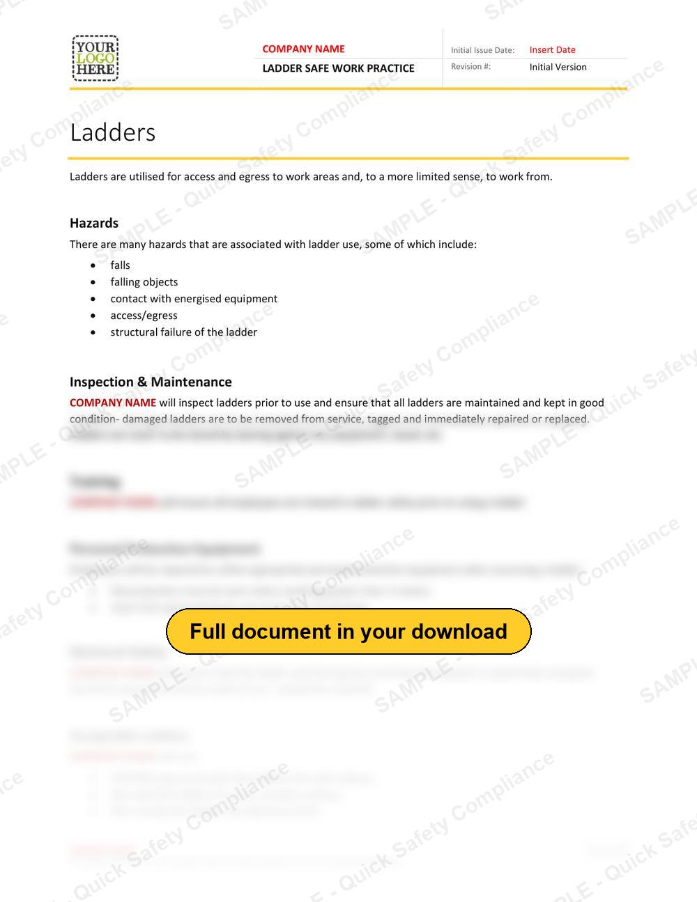 Top of page 1 of the Ladder Safe Work Practice