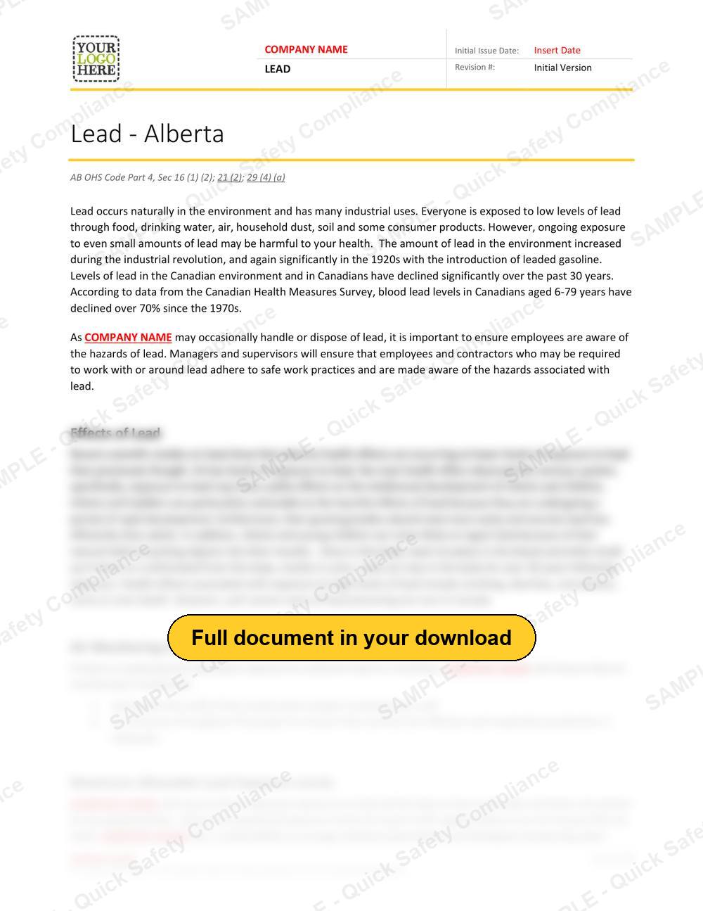 Top of page 1 of the Lead RAVS - Alberta