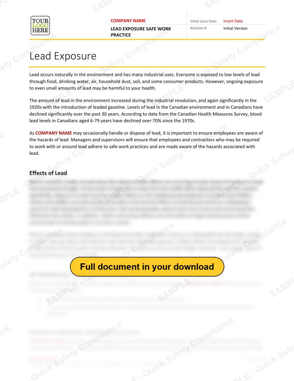 Top of page 1 of the Lead Exposure Safe Work Practice