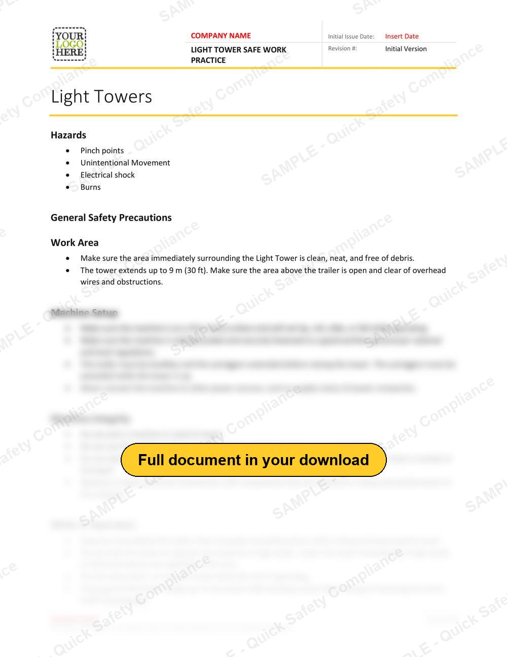 Top of page 1 of the Light Tower Safe Work Practice