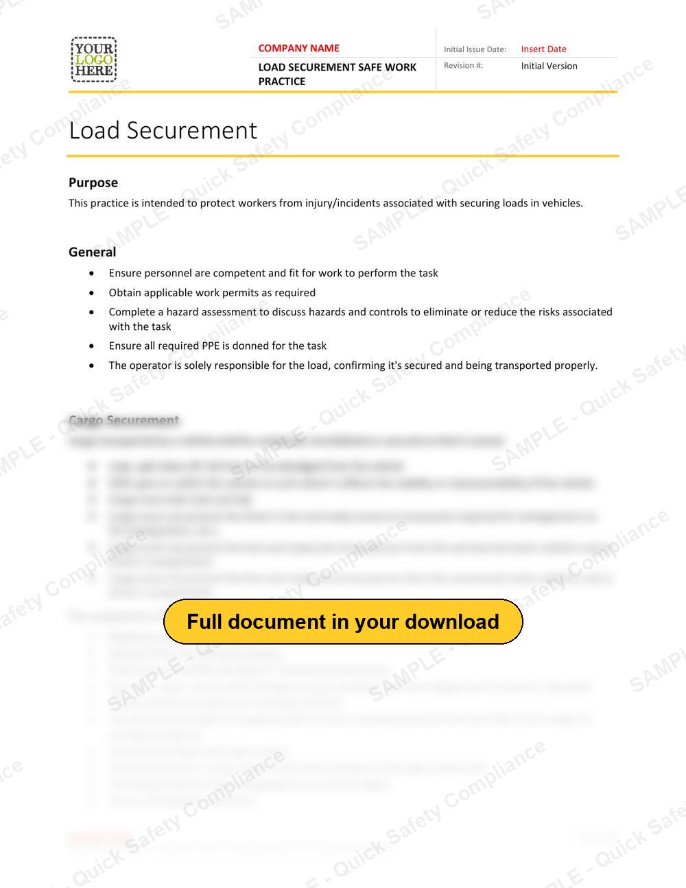 Top of page 1 of the Load Securement Safe Work Practice
