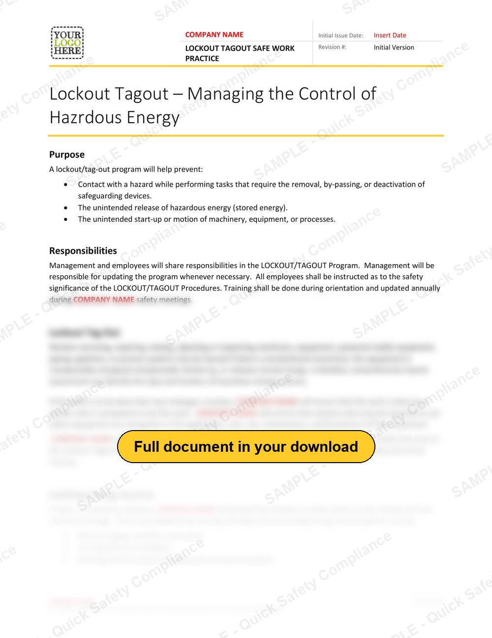 Top of page 1 of the Lockout Tagout Safe Work Practice