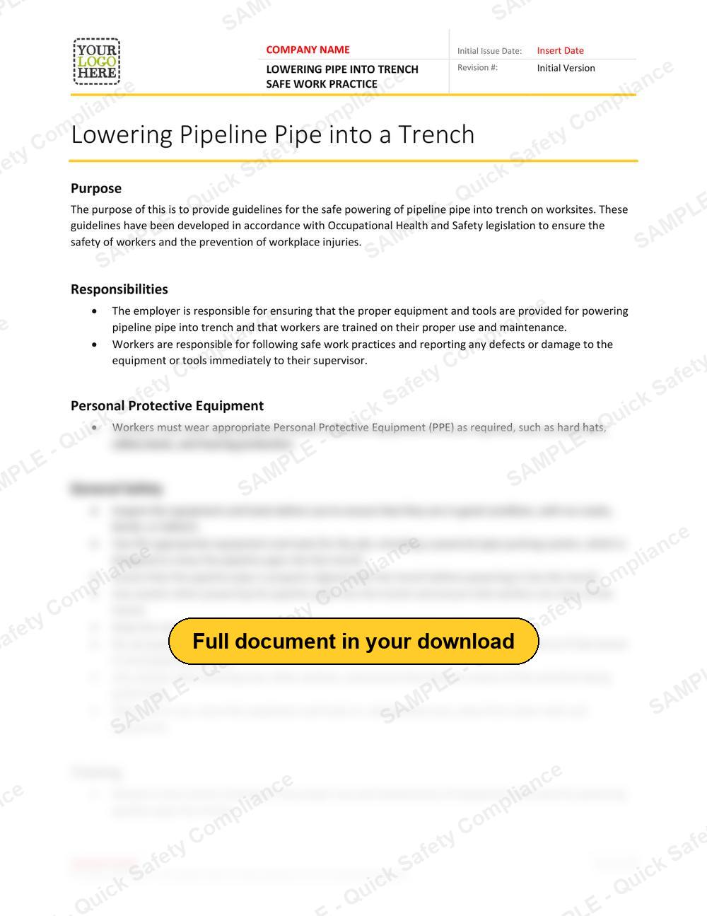 Top of page 1 of the Lowering Pipe into Trench Safe Work Practice