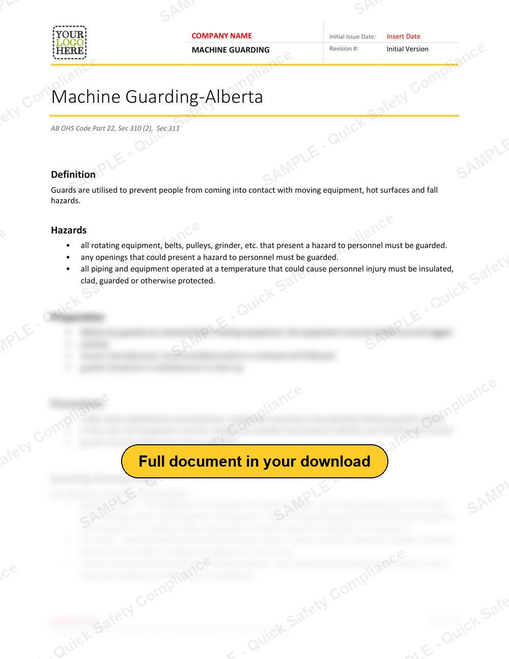 Top of page 1 of the Machine Guarding RAVS - Alberta