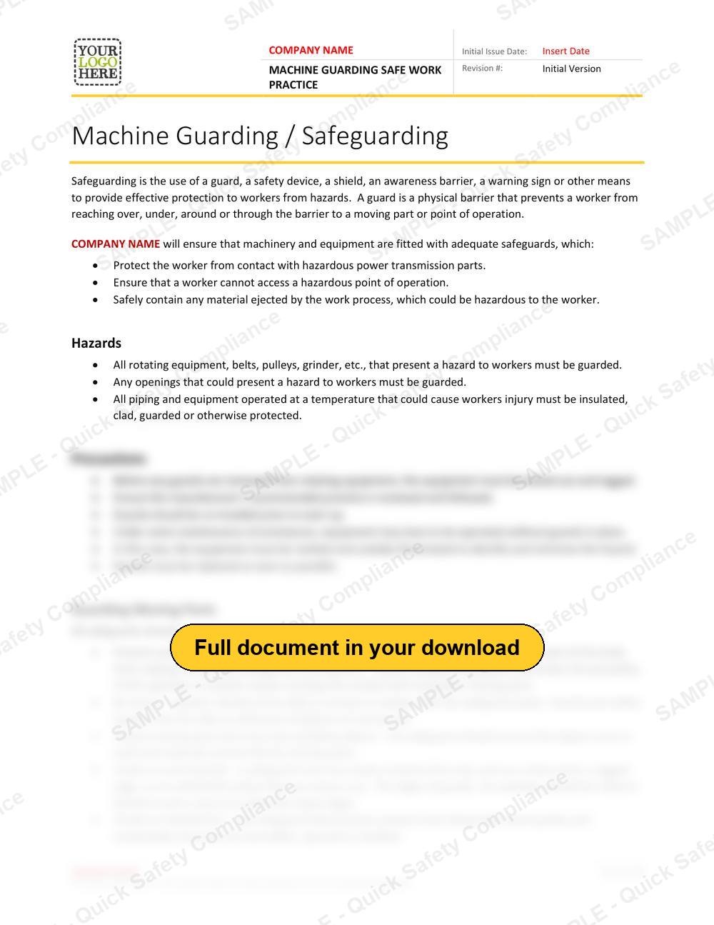 Top of page 1 of the Machine Guarding Safe Work Practice