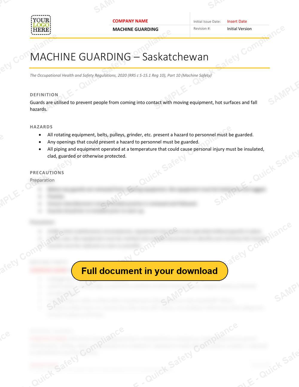 Top of page 1 of the Machine Guarding RAVS - Saskatchewan