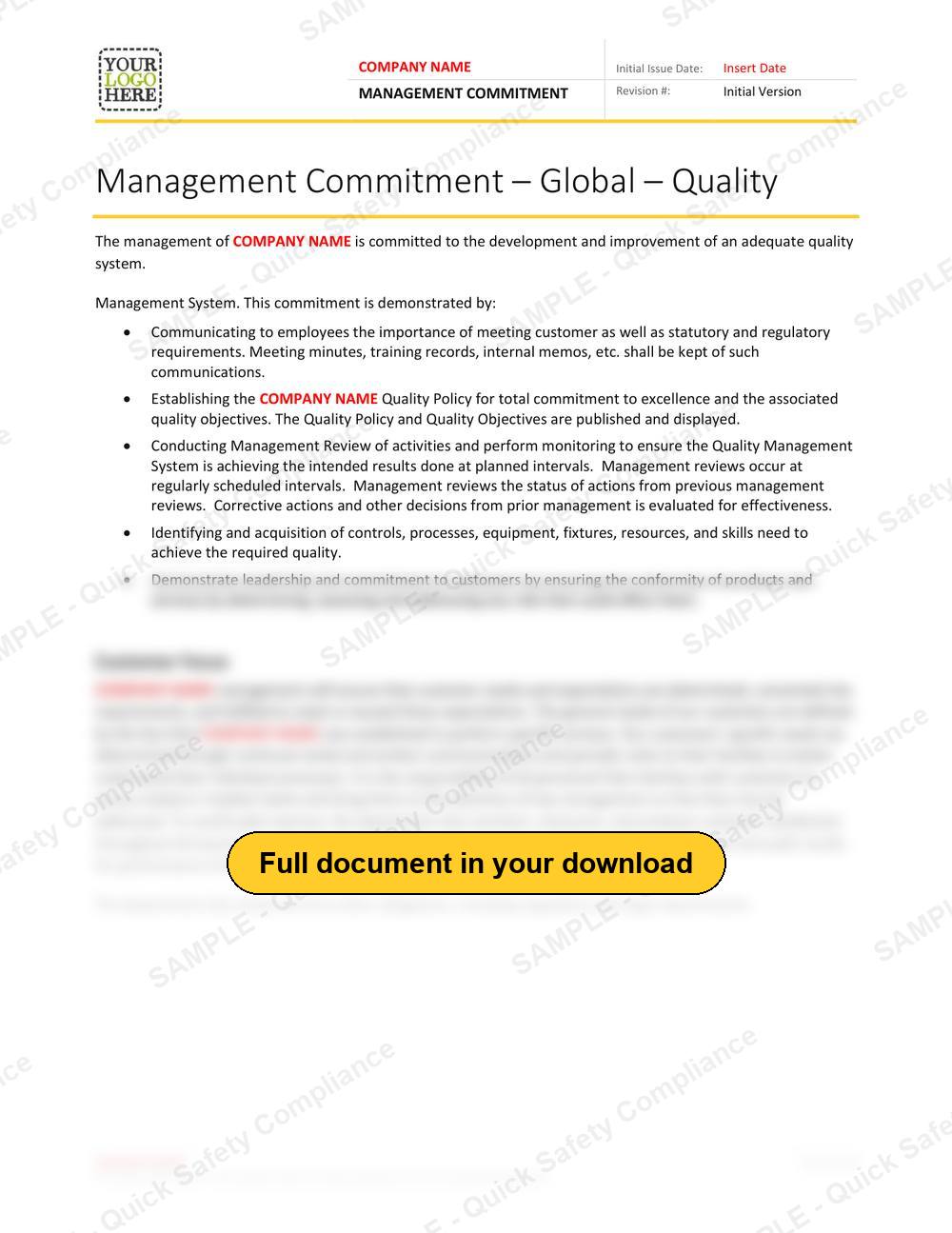 Top of page 1 of the Management Commitment RAVS - Quality