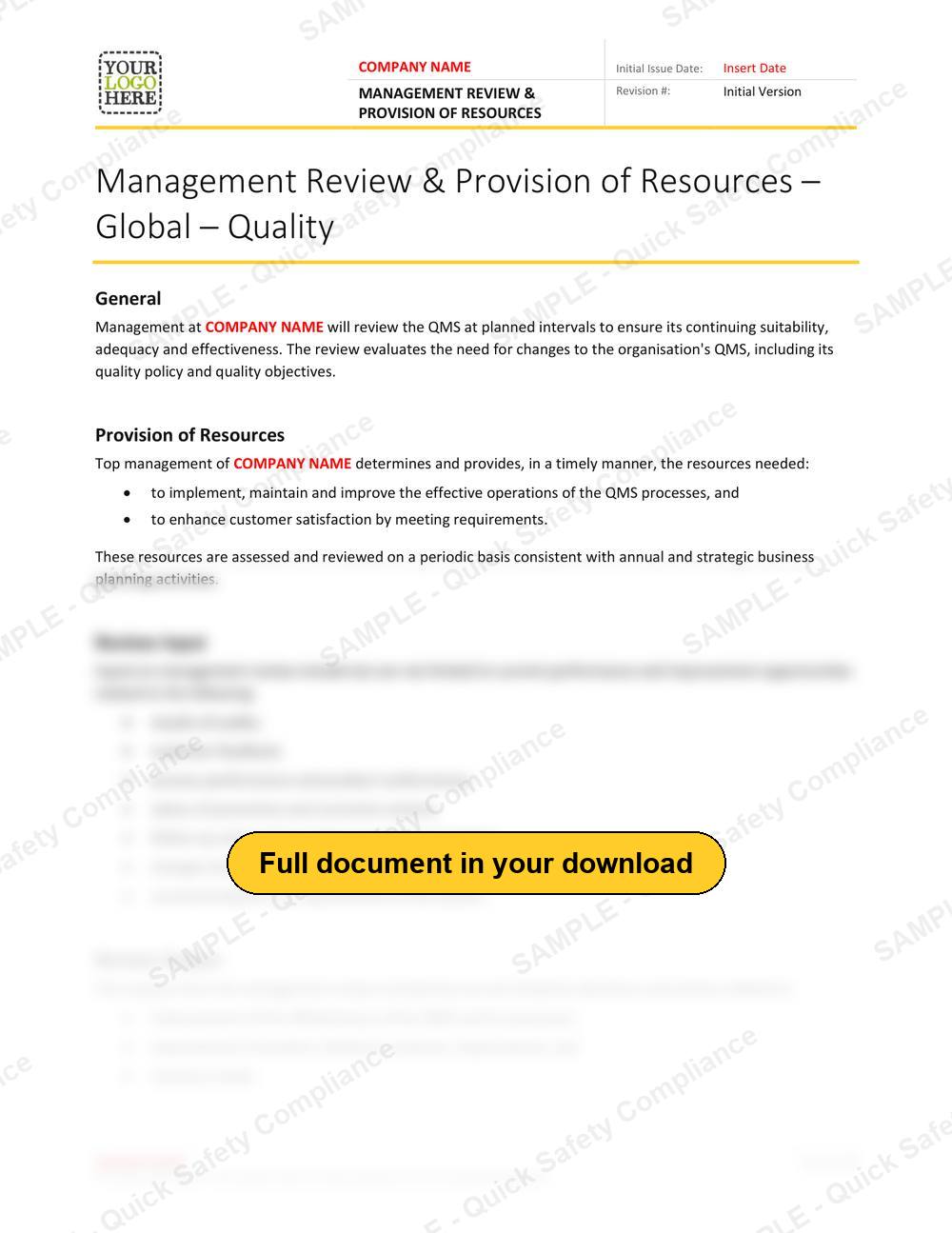 Top of page 1 of the Management Review & Provision RAVS - Quality