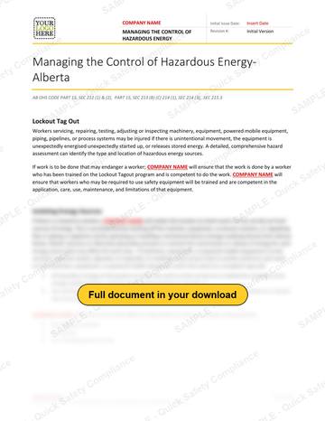 Managing the Control of Hazardous Energy RAVS - Alberta: Managing the Control of Hazardous Energy - Alberta RAVS, page 1 of 3
