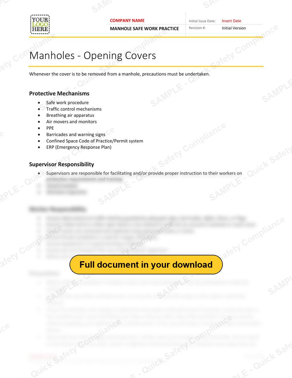 Top of page 1 of the Manhole Safe Work Practice