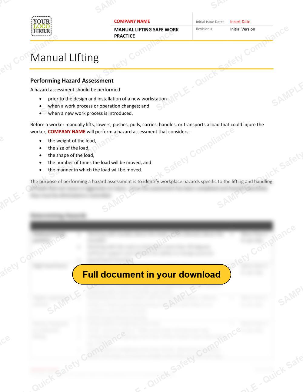 Top of page 1 of the Manual Lifting Safe Work Practice