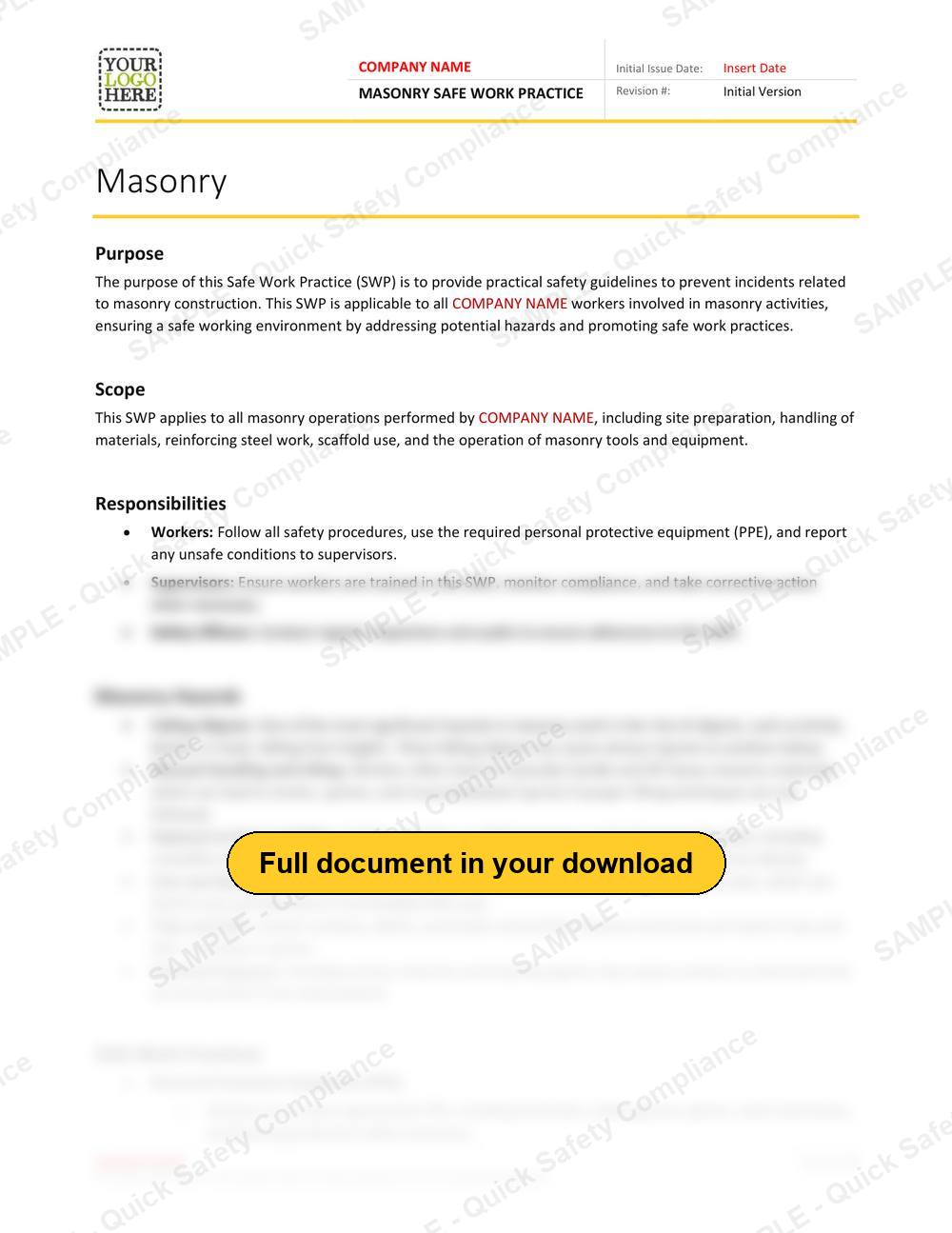 Top of page 1 of the Masonry Safe Work Practice