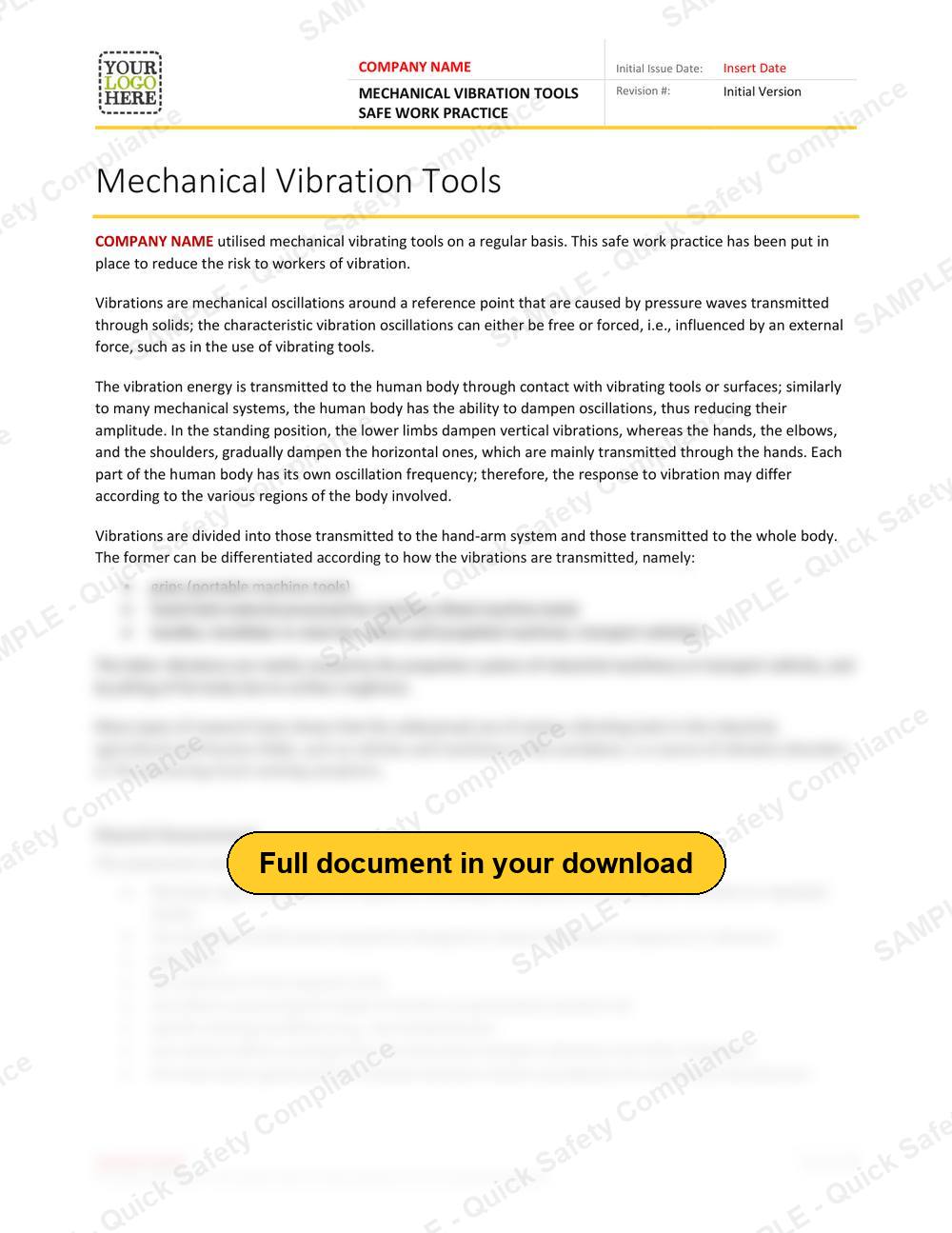 Top of page 1 of the Mechanical Vibration Tools Safe Work Practice