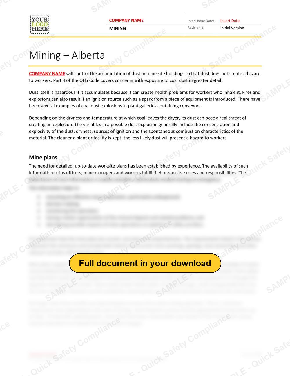 Top of page 1 of the Mining RAVS - Alberta