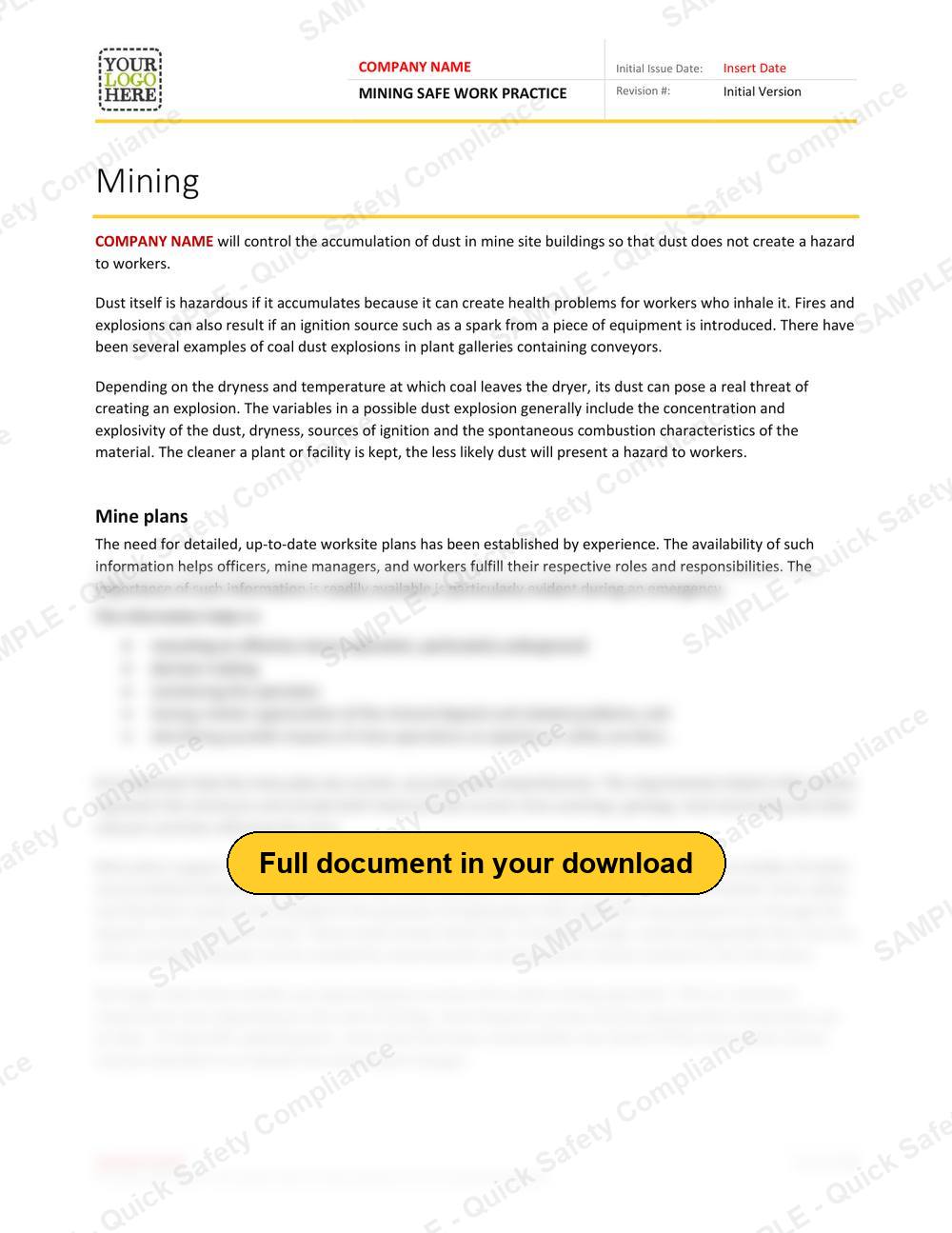 Top of page 1 of the Mining Safe Work Practice