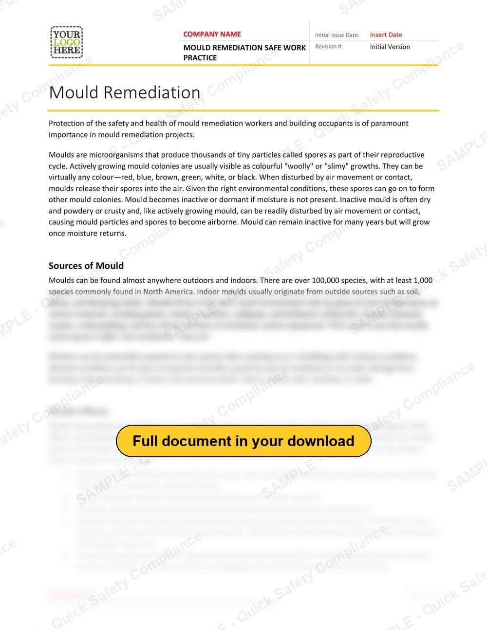 Top of page 1 of the Mould Remediation Safe Work Practice