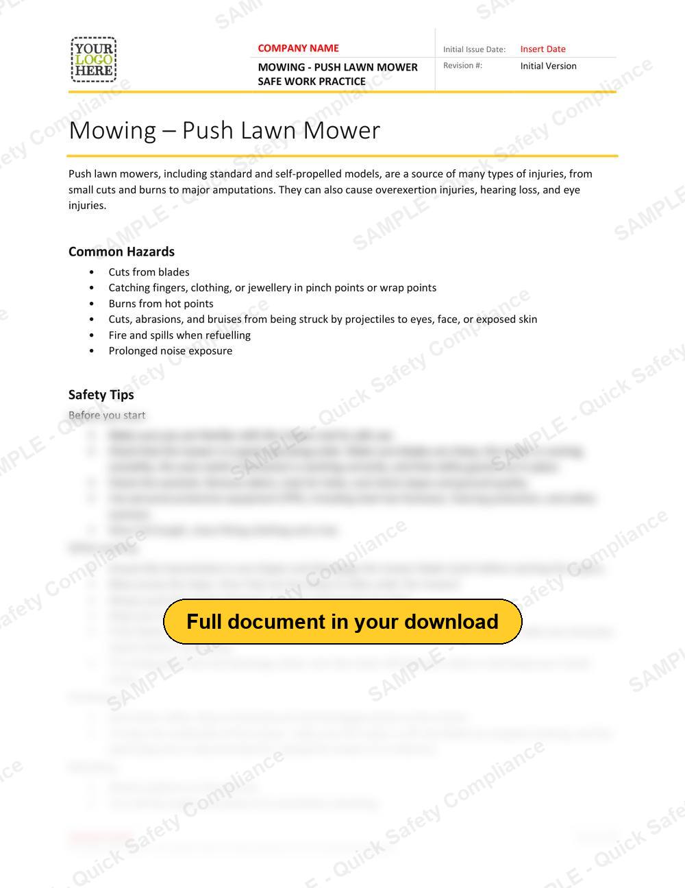 Top of page 1 of the Mowing - Push Lawn Mower Safe Work Practice