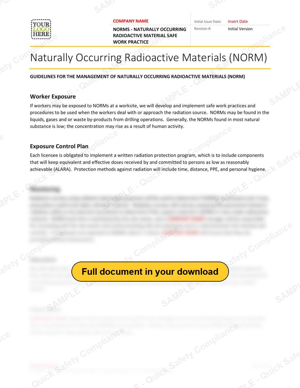 Top of page 1 of the NORMS - Naturally Occurring Radioactive Material Safe Work Practice
