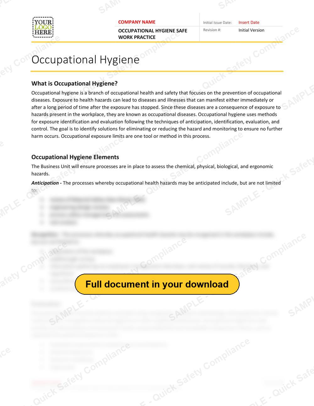 Top of page 1 of the Occupational Hygiene Safe Work Practice