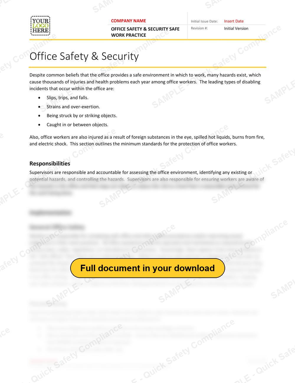 Top of page 1 of the Office Safety & Security Safe Work Practice