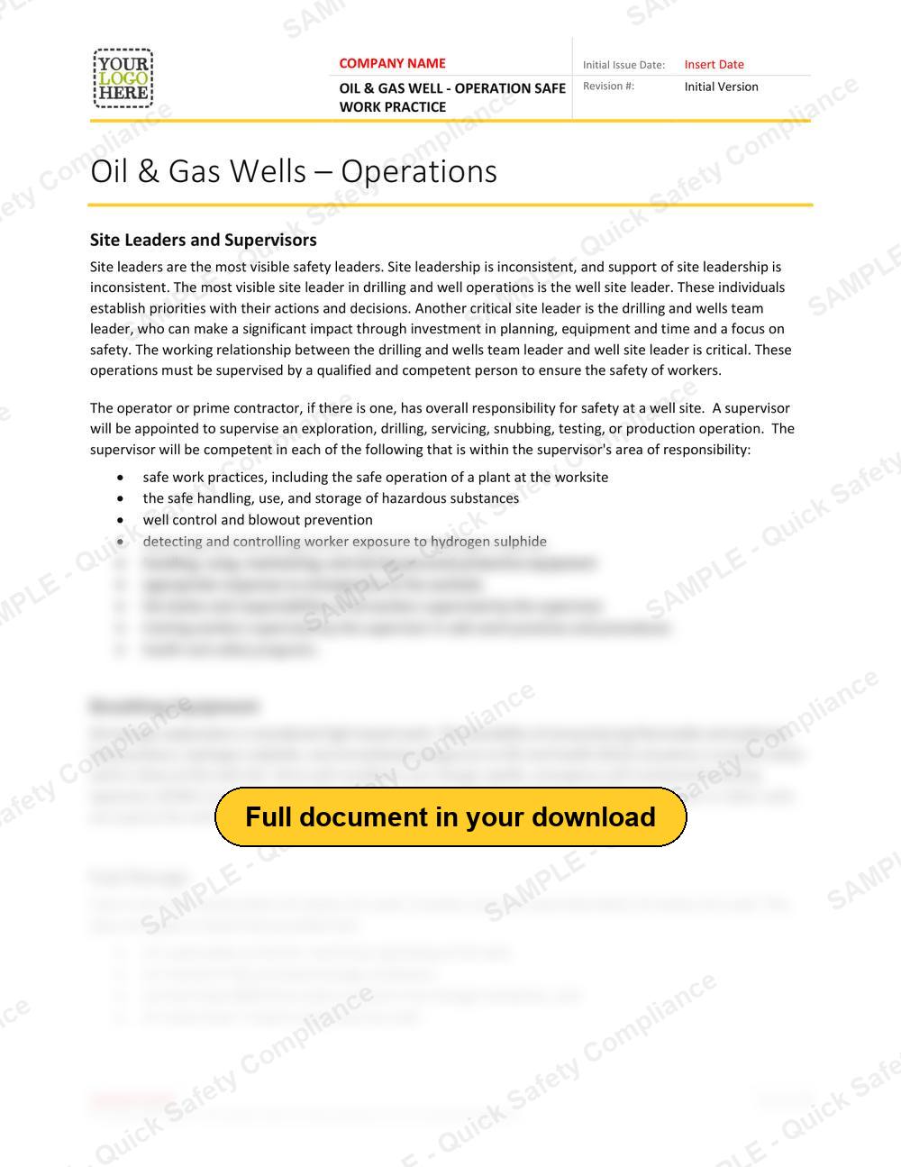 Top of page 1 of the Oil & Gas Well - Operation Safe Work Practice