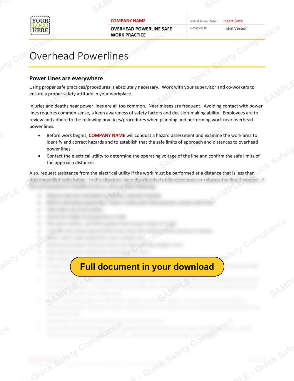 Top of page 1 of the Overhead Powerline Safe Work Practice